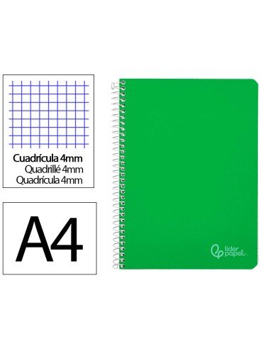 Cuaderno espiral liderpapel din a4 witty tapa dura 80h 90gr cuadro 4mm con margen color verde