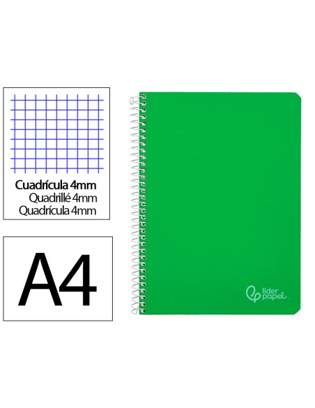 Cuaderno espiral liderpapel din a4 witty tapa dura 80h 90gr cuadro 4mm con margen color verde