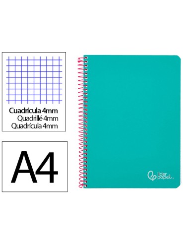 Cuaderno espiral liderpapel din a4 witty tapa dura 80h 90gr cuadro 4mm con margen color turquesa
