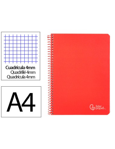 Cuaderno espiral liderpapel din a4 witty tapa dura 80h 90gr cuadro 4mm con margen color rojo