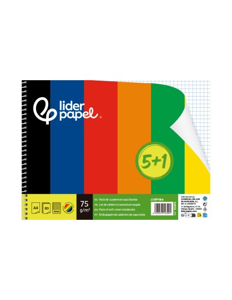 Cuaderno espiral liderpapel din a4 smart tapa blanda 80h 75gr cuadro 4 mm con margen pack 51 colores surtidos