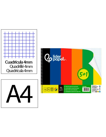 Cuaderno espiral liderpapel din a4 smart tapa blanda 80h 75gr cuadro 4 mm con margen pack 51 colores surtidos