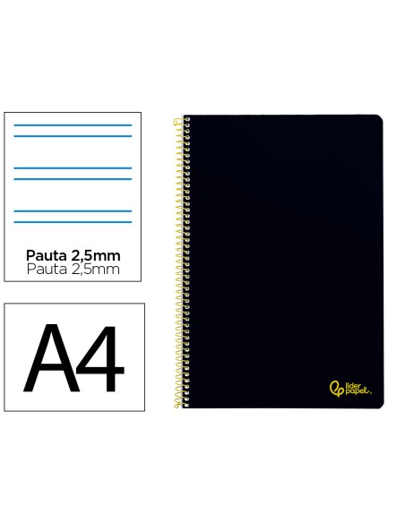 Cuaderno espiral liderpapel din a4 smart tapa blanda 80h 75gr pauta 35mm con margen color negro